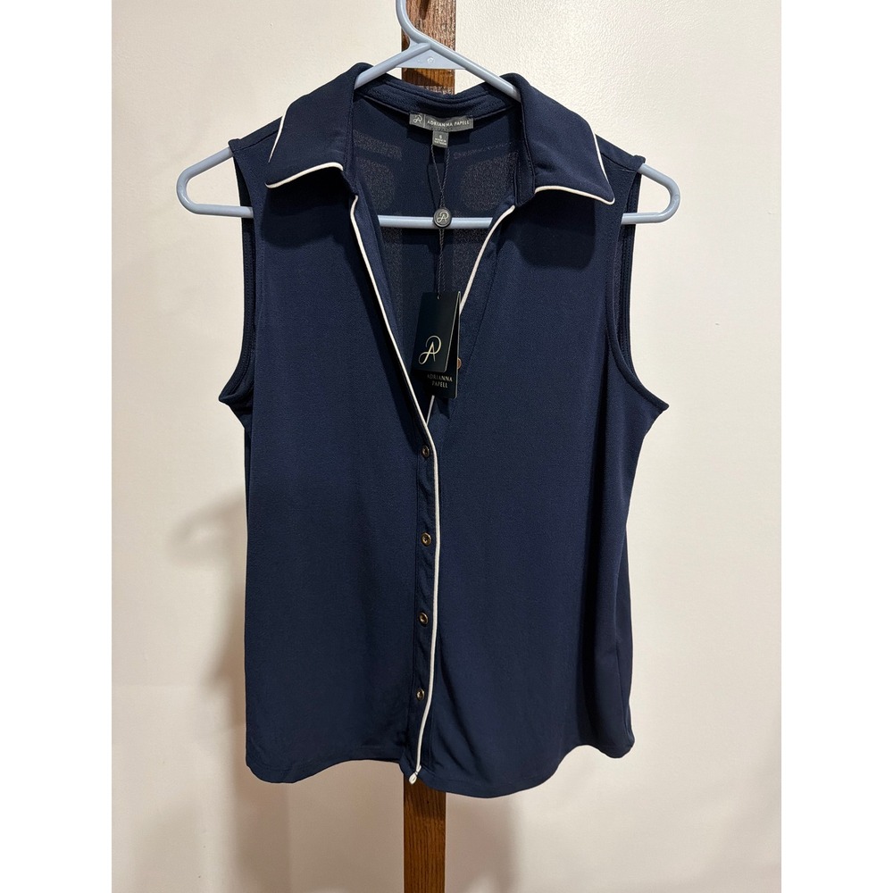 Adrianna Papell Navy Blue Sleeveless Knit Top Contrast Piping Collared Small NEW